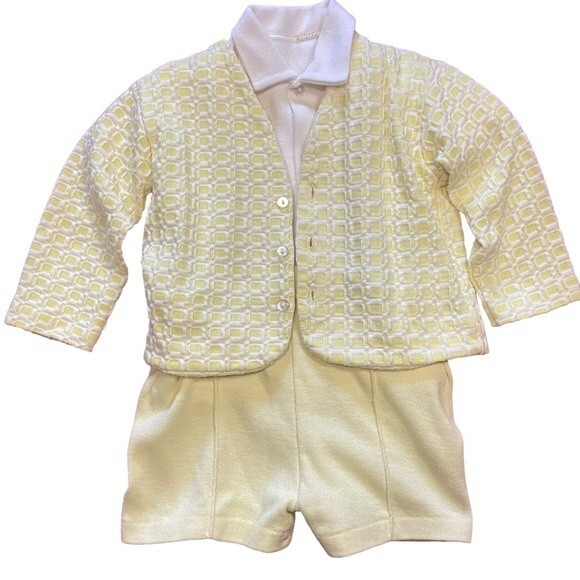 Vintage Heir Craft Yellow Baby Toddler Boy Outfit Shirt Overalls Jacket Socks - Picture 2 of 8